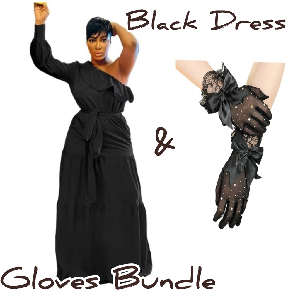 New Black One Shoulder Maxi & Fashion Rhinestone Gloves Bundle